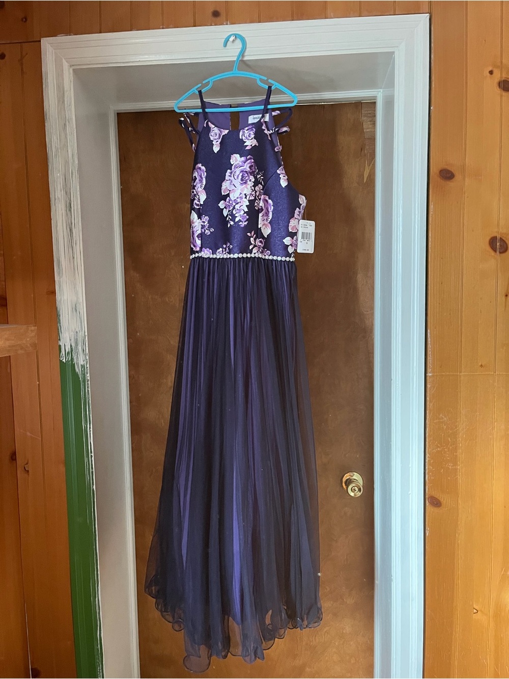 Girls' Floral Dark Purple Maxi Dress with Pearl Waist